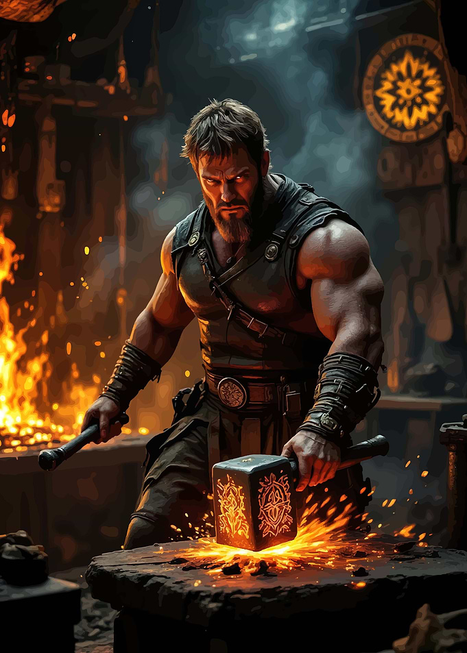 Muscular Blacksmith Forging Hammer