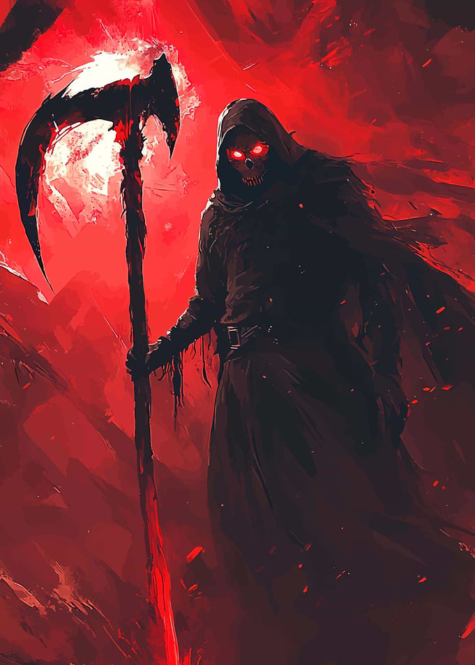 Grim Reaper with Glowing Eyes and Scythe