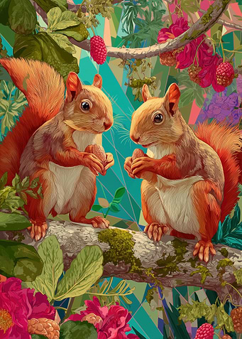 Two squirrels holding nuts on a branch