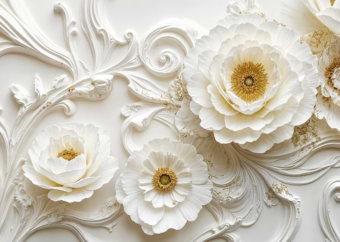 White Floral Relief with Gold Accents