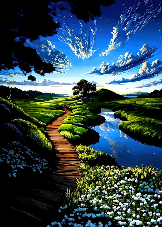 Tranquil Wooden Path Through Lush Green Landscape