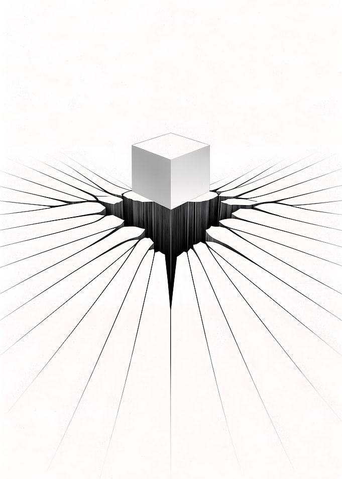 Floating White Cube Above Cracked Geometric Void Surface