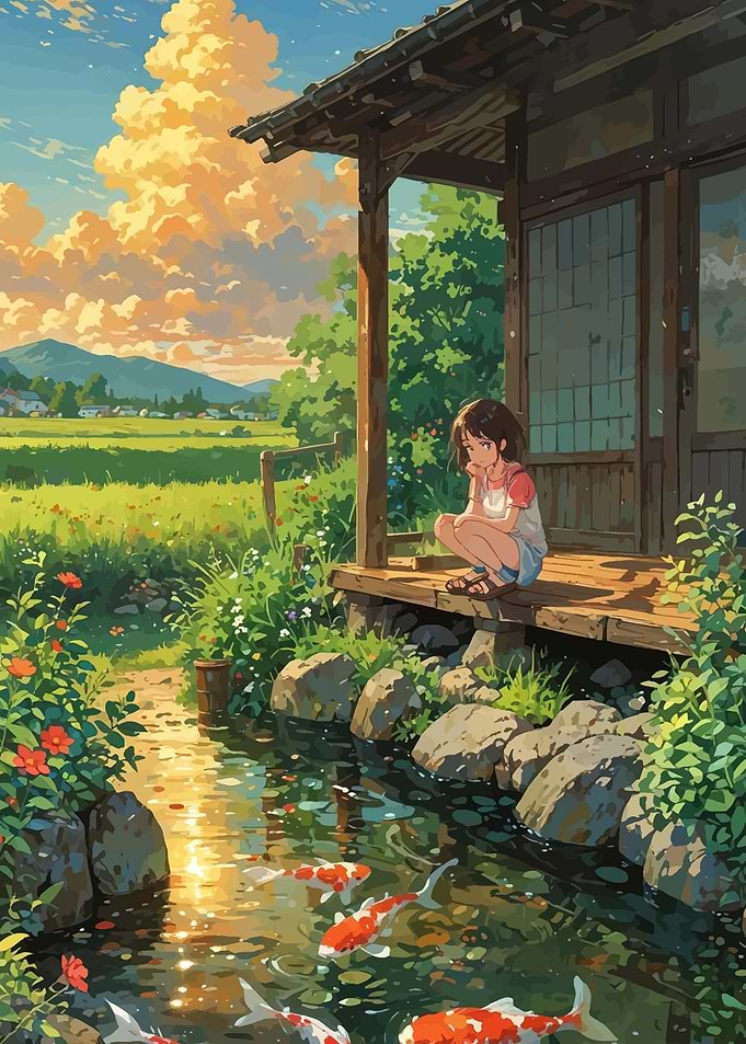 Girl by Koi Pond at Sunset