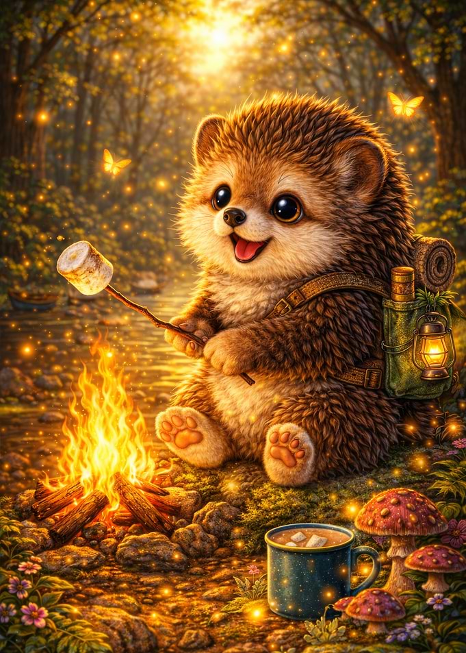 Cute Hedgehog Roasting Marshmallow by Campfire