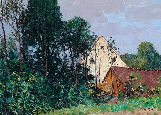 Farmhouse with sunflowers and trees