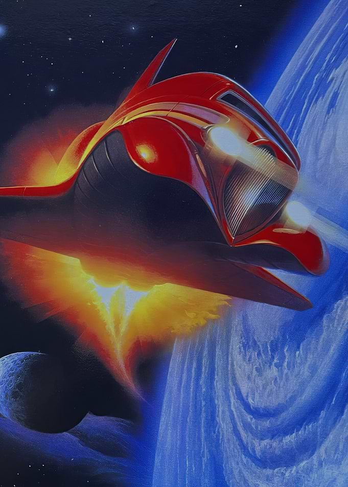 Futuristic Red Spaceship Near Planet