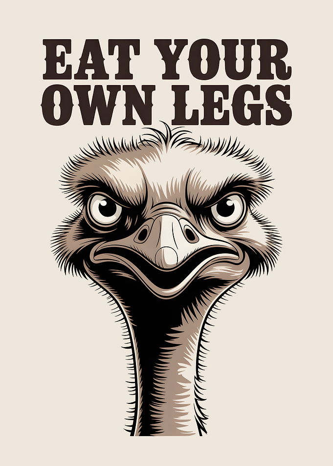 Ostrich with 'Eat Your Own Legs' text