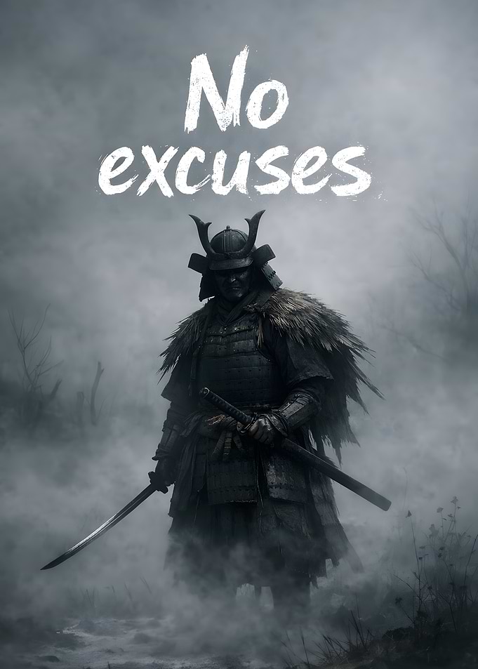 Samurai Warrior with 'No Excuses' Text