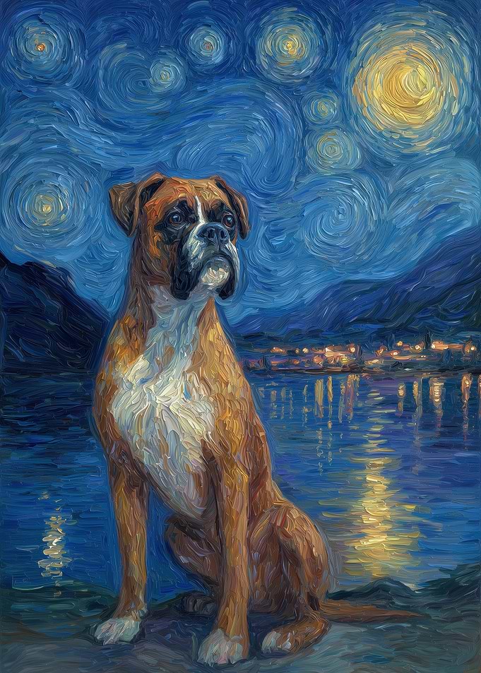 Boxer Dog in Starry Night Style
