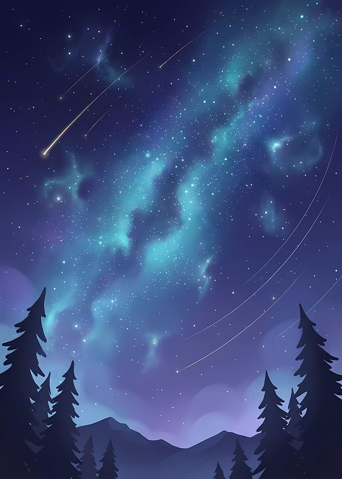 Starry Night Sky with Aurora and Shooting Stars