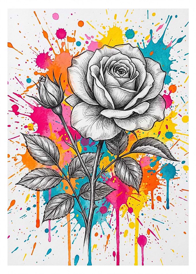 Rose with Colorful Paint Splatters