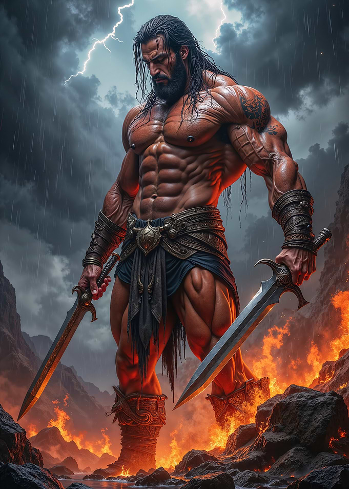 Muscular Warrior in Fiery Landscape
