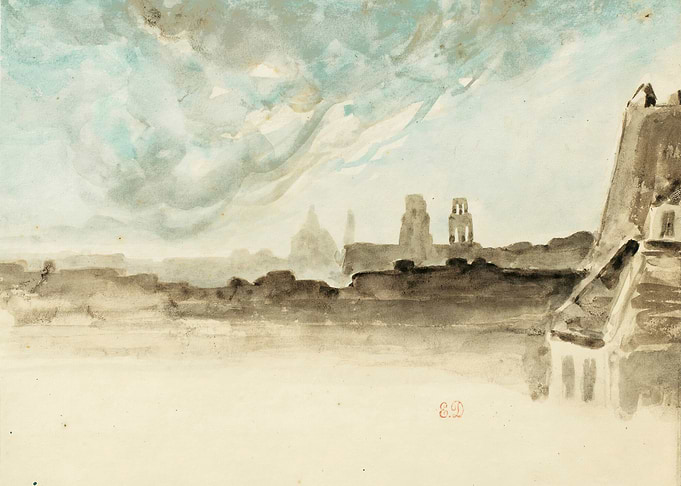 Watercolor Cityscape with Dramatic Sky