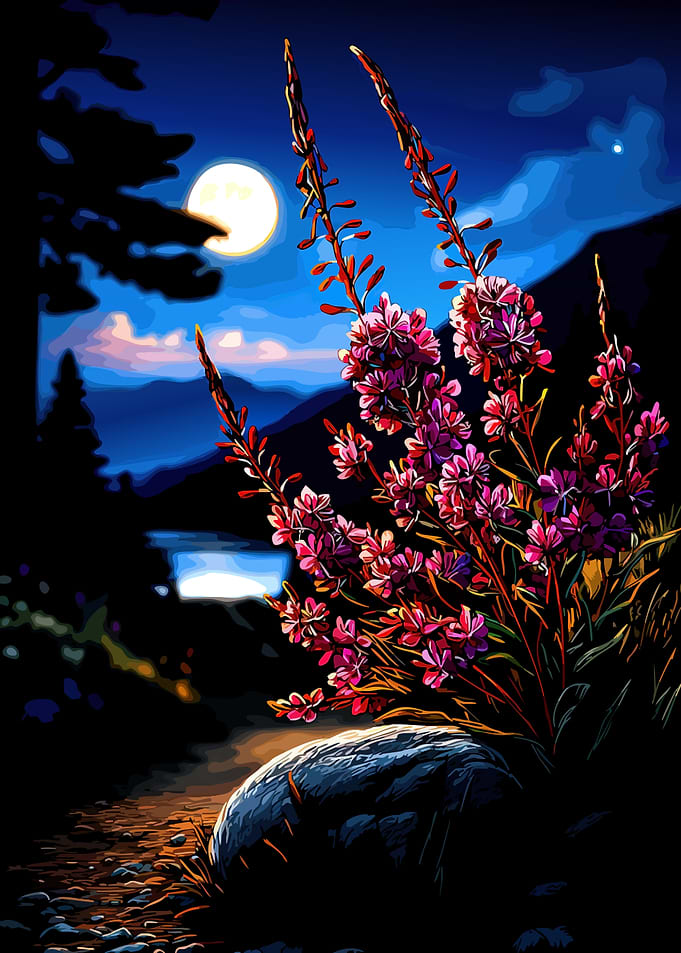 Moonlit Night Flowers by Lake