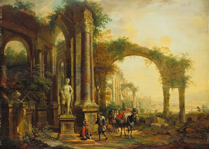 Ruined Roman Architecture with Travelers