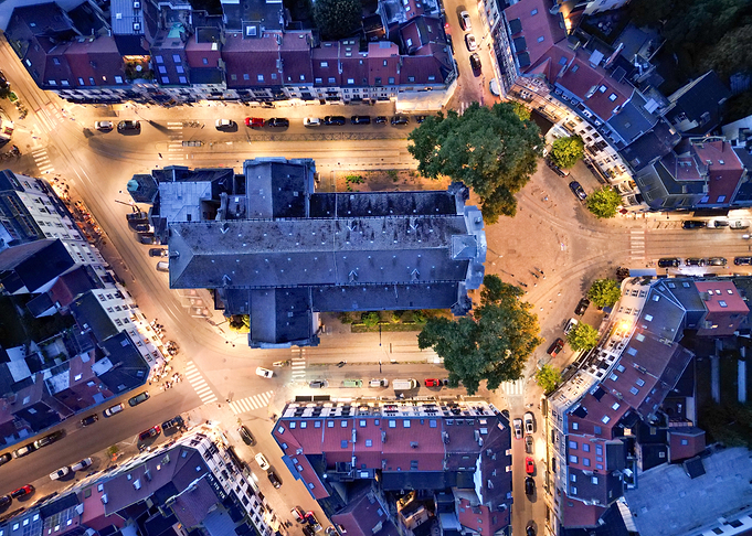 Aerial View of a European City at Night