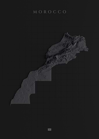 Morocco Topographic Map - 3D, Dark Shaded Relief, Elevation Wall Art
