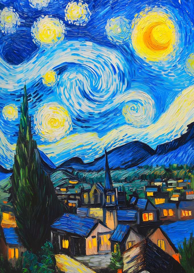 Starry Night Village Painting