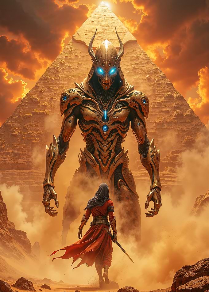 Giant Alien and Human in Desert with Pyramid