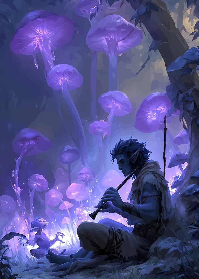 Elf Playing Flute in Mushroom Forest