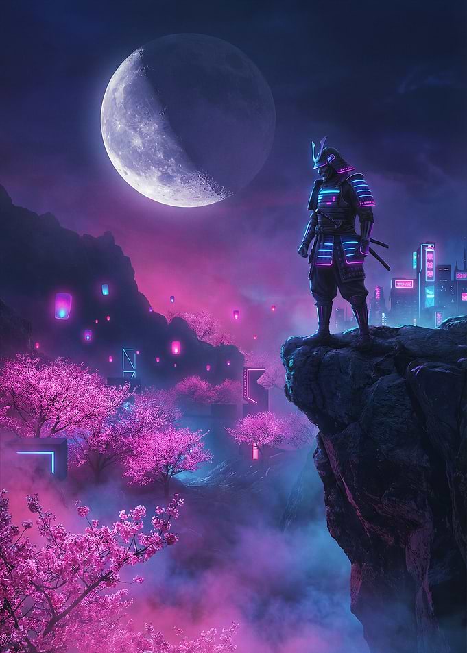 Cyberpunk Samurai Under a Crescent Moon