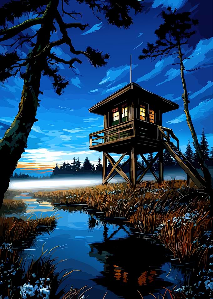 Fire lookout tower at dusk
