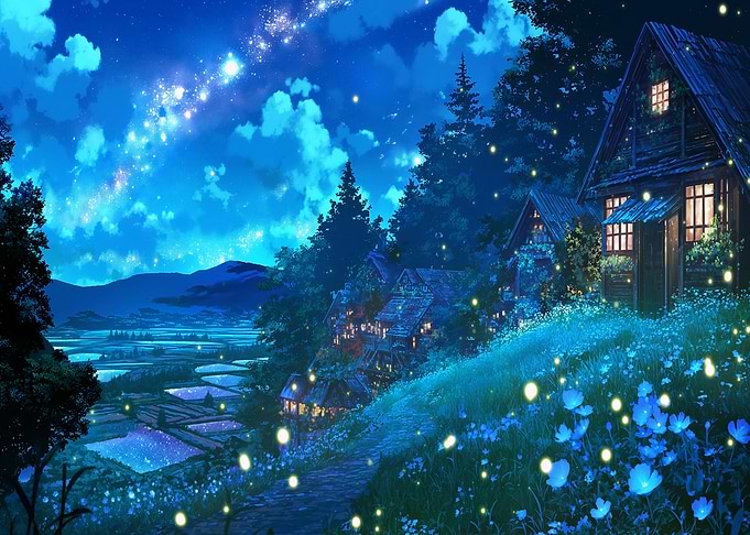 Enchanting Night Landscape with Fireflies and Village