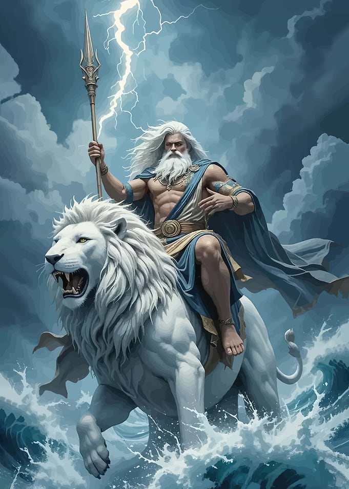 Zeus Riding a Lion Through Stormy Seas
