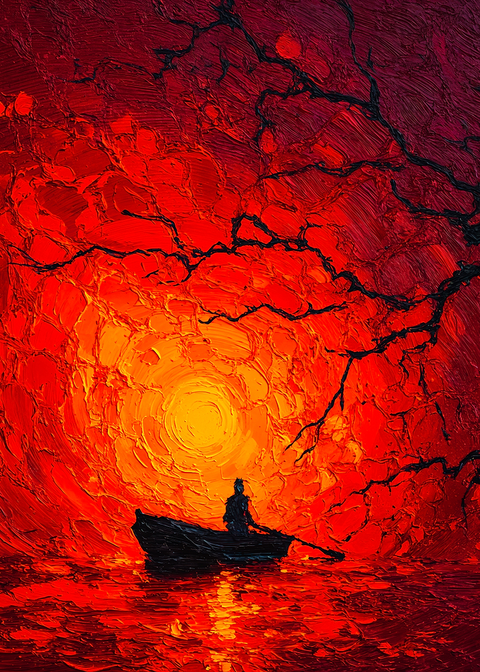 Rowing Boat Red Sunset Painting