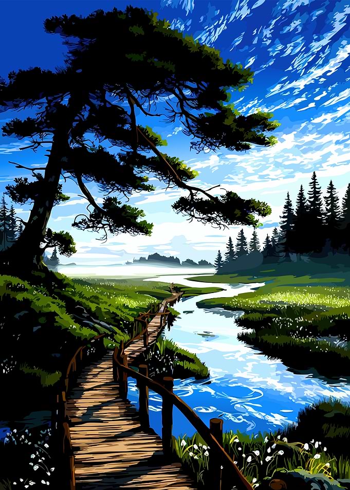 Wooden Boardwalk Through a Lush Marsh