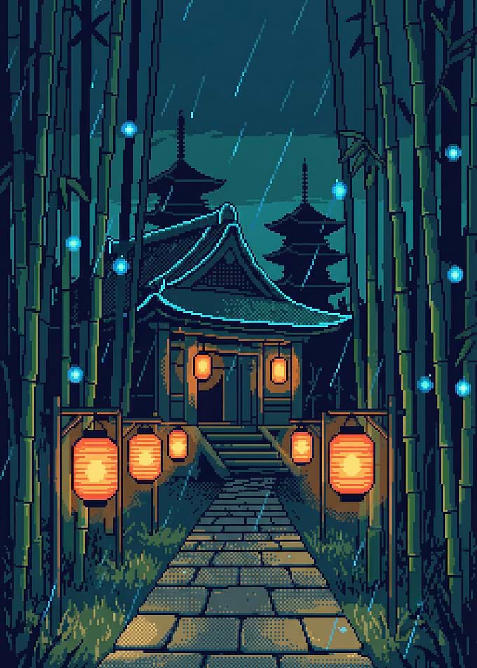 Pixel Art Japanese Temple in Rain