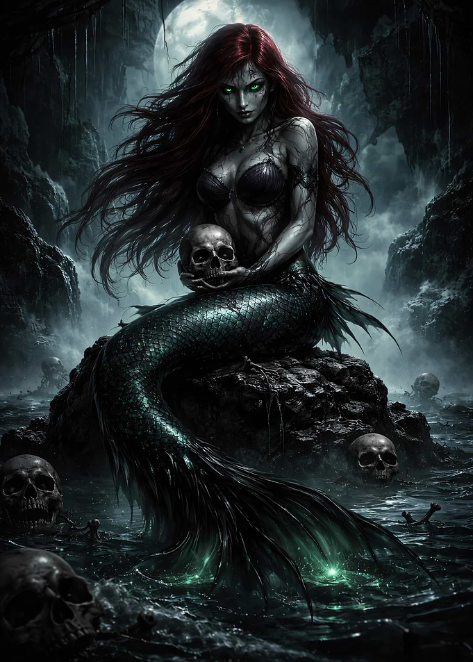 Gothic Mermaid with Skull