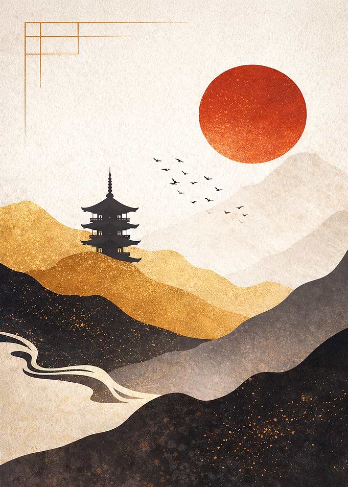 Japanese Pagoda Landscape with Sun