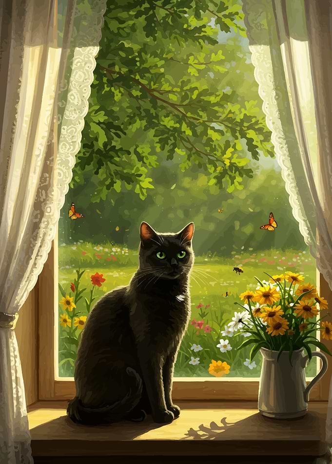 Black cat by the window