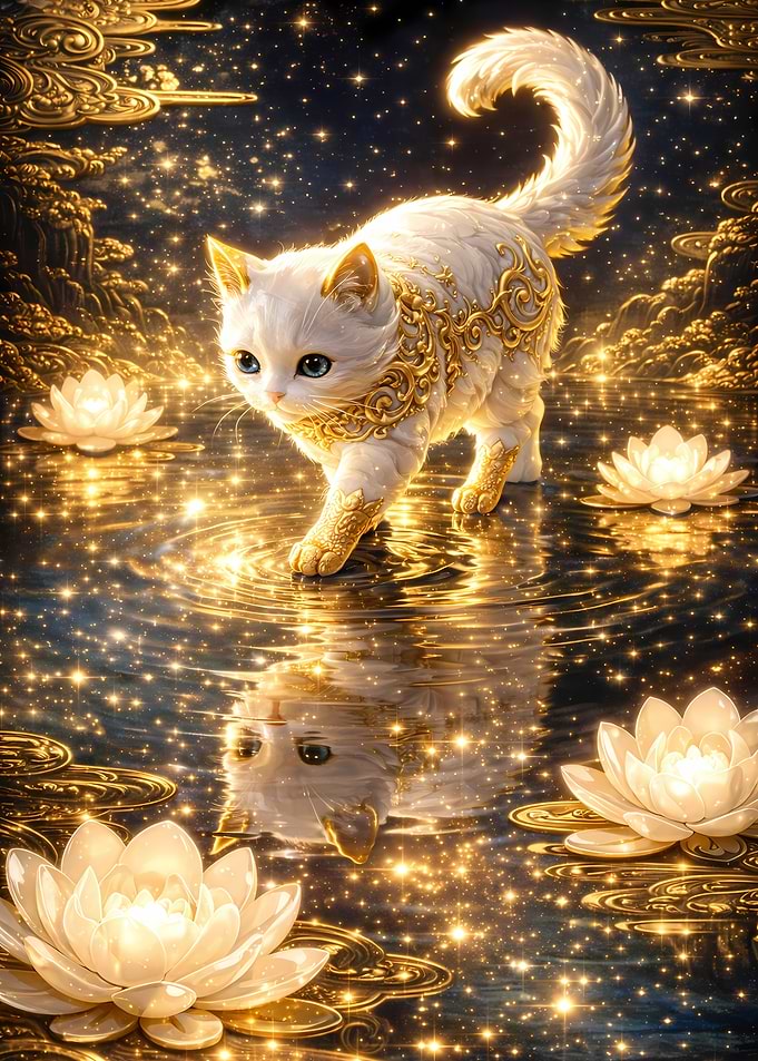 Enchanted White Cat with Golden Ornaments