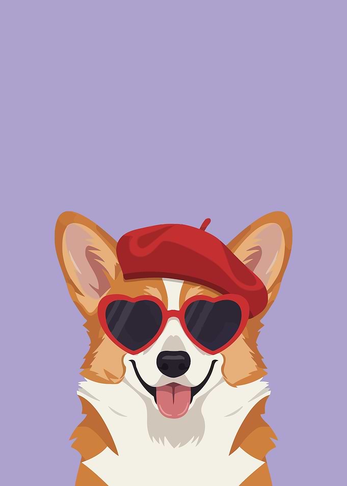 Corgi Wearing Beret and Heart Sunglasses