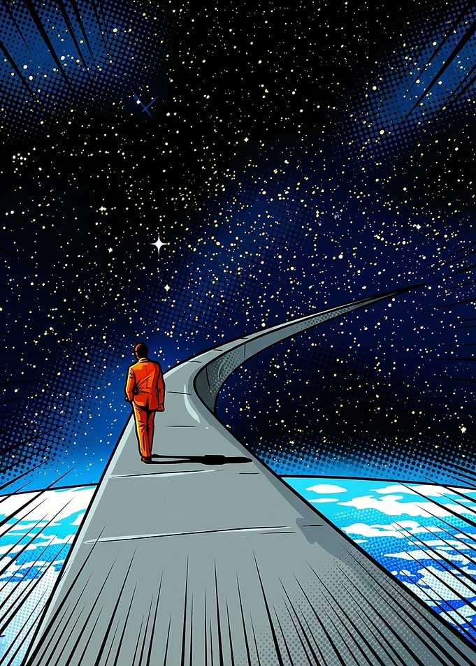 Man Walking on a Path Through Space