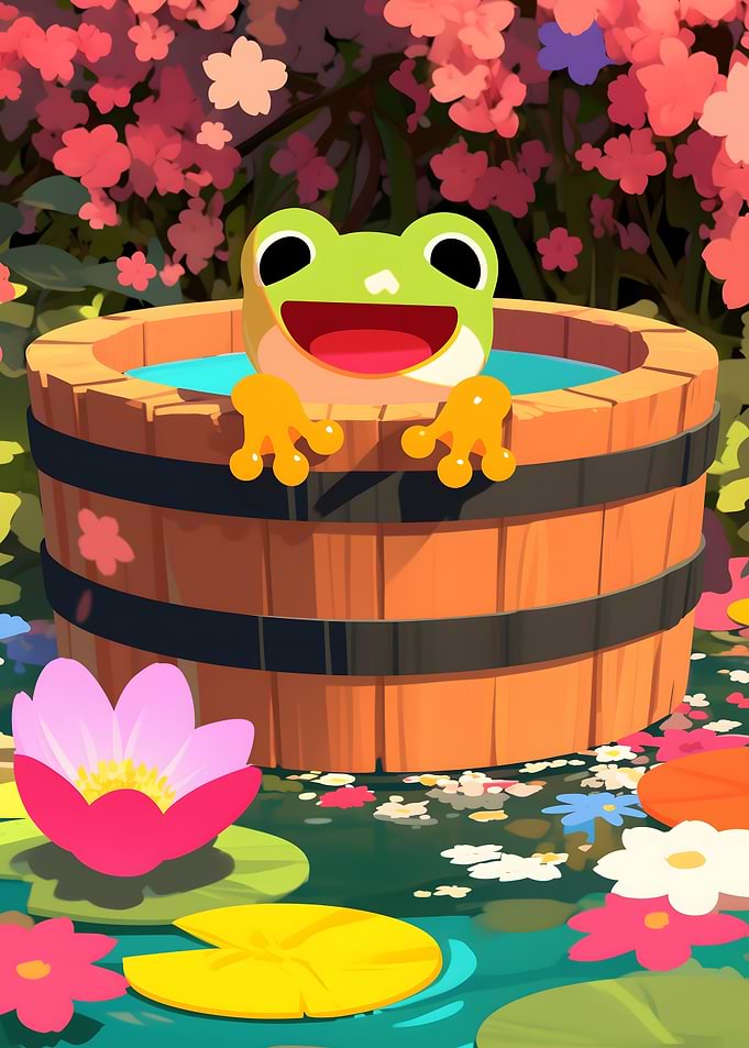 Cute Frog in a Wooden Tub