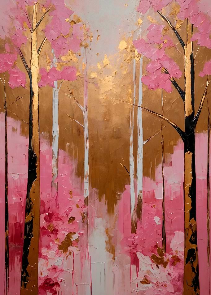Abstract Pink and Gold Forest Painting