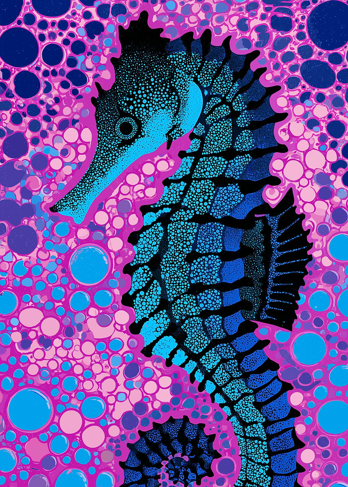 Vibrant Seahorse with Bubble Background
