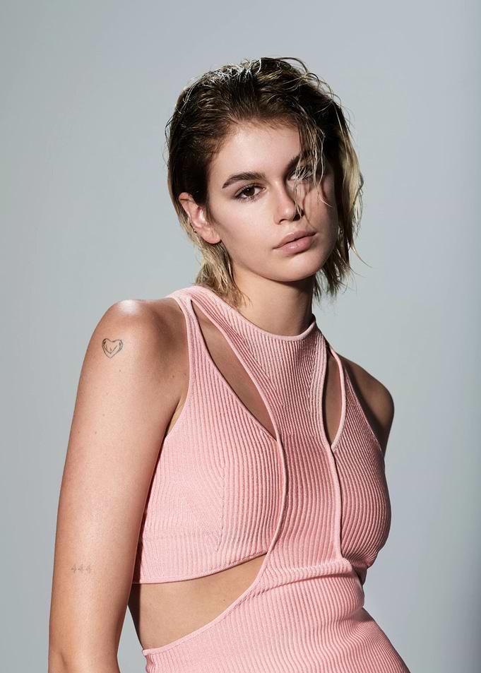 Kaia Gerber in Pink Ribbed Dress
