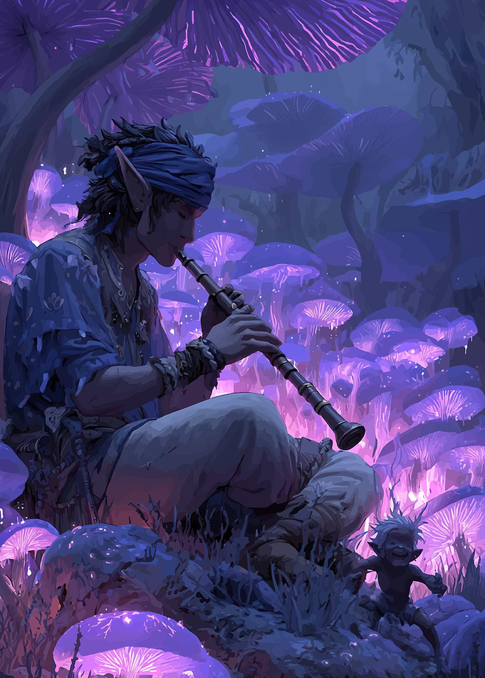 Elf playing flute in mushroom forest