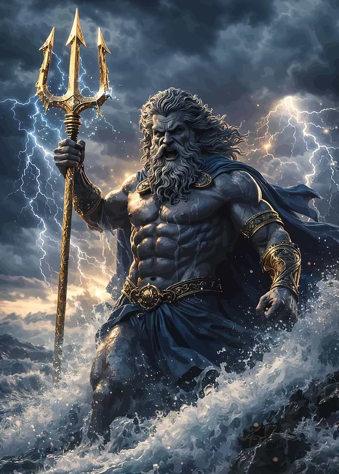 Neptune with Trident in Stormy Seas