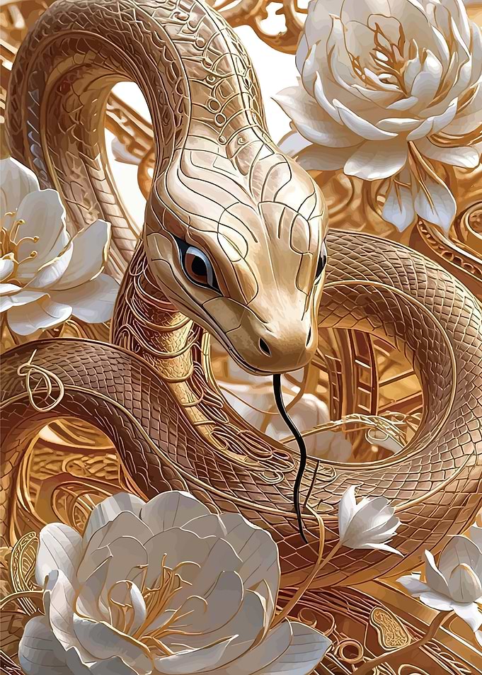 Golden Snake with White Flowers
