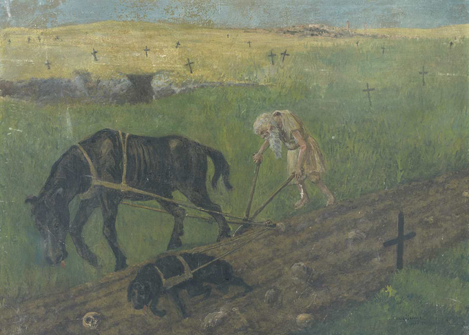 Old Man Plowing Field with Horse and Dog