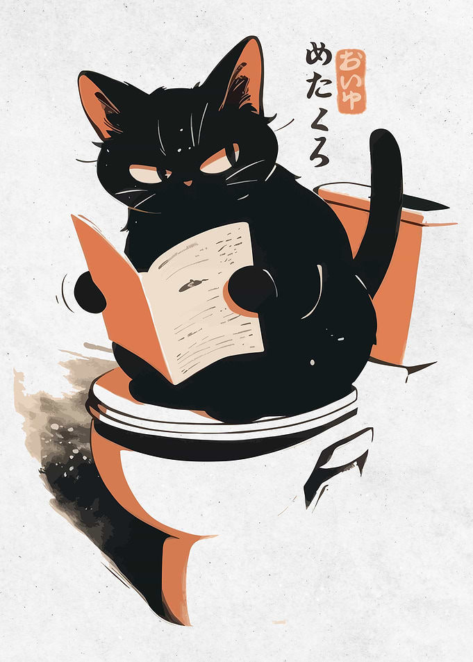 Black Cat Reading on Toilet