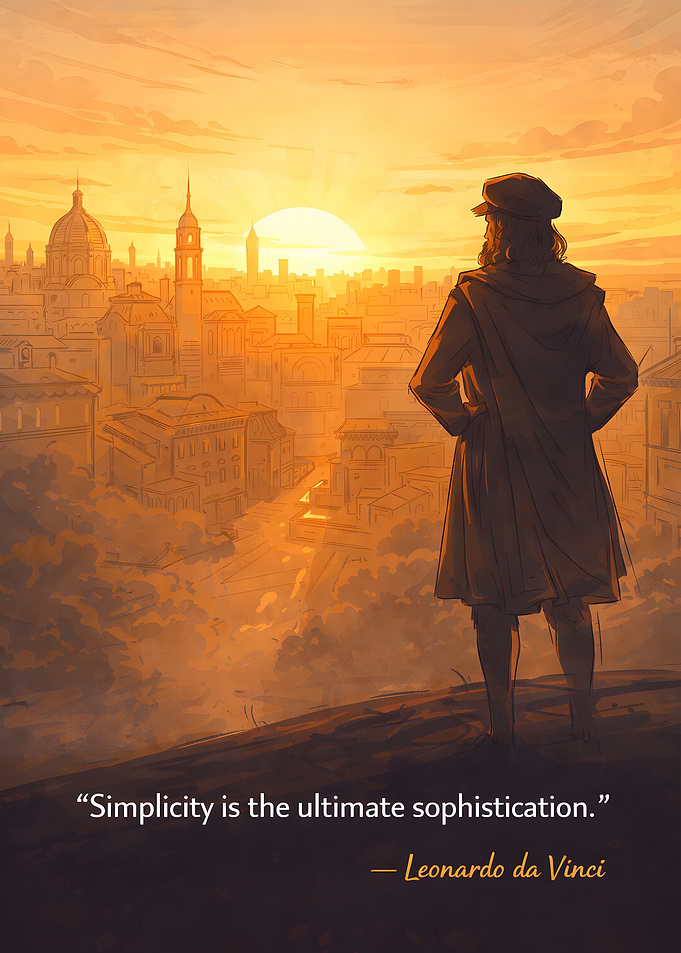 Leonardo da Vinci overlooking a city at sunset