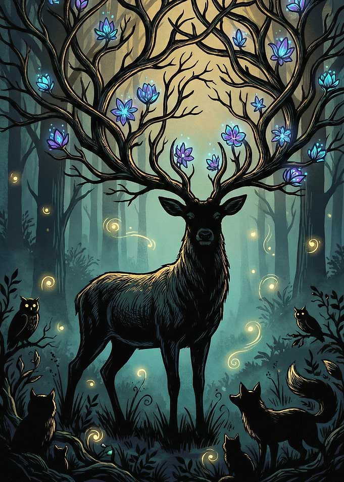 Enchanted Forest Stag with Glowing Flowers