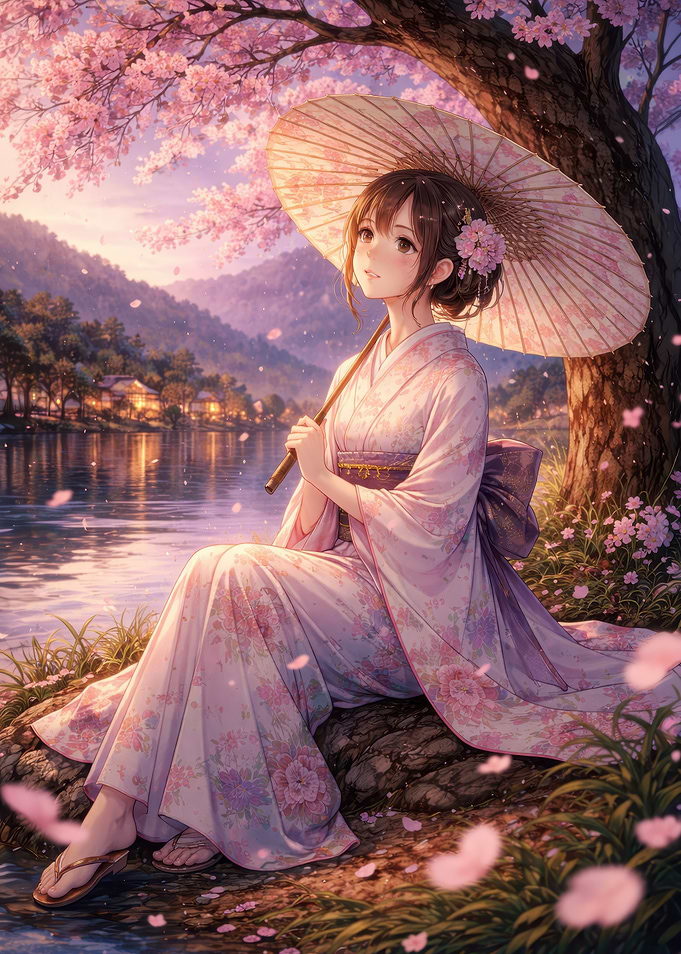 Anime Girl in Kimono with Umbrella