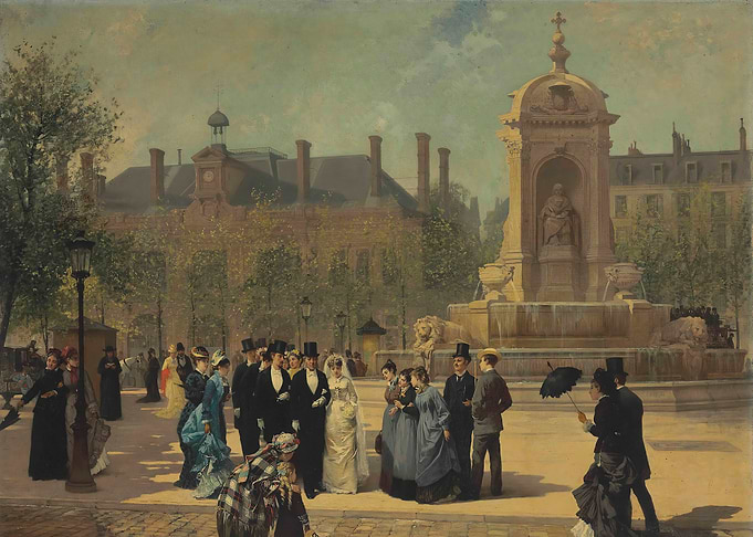 Parisian Wedding Scene at a Fountain